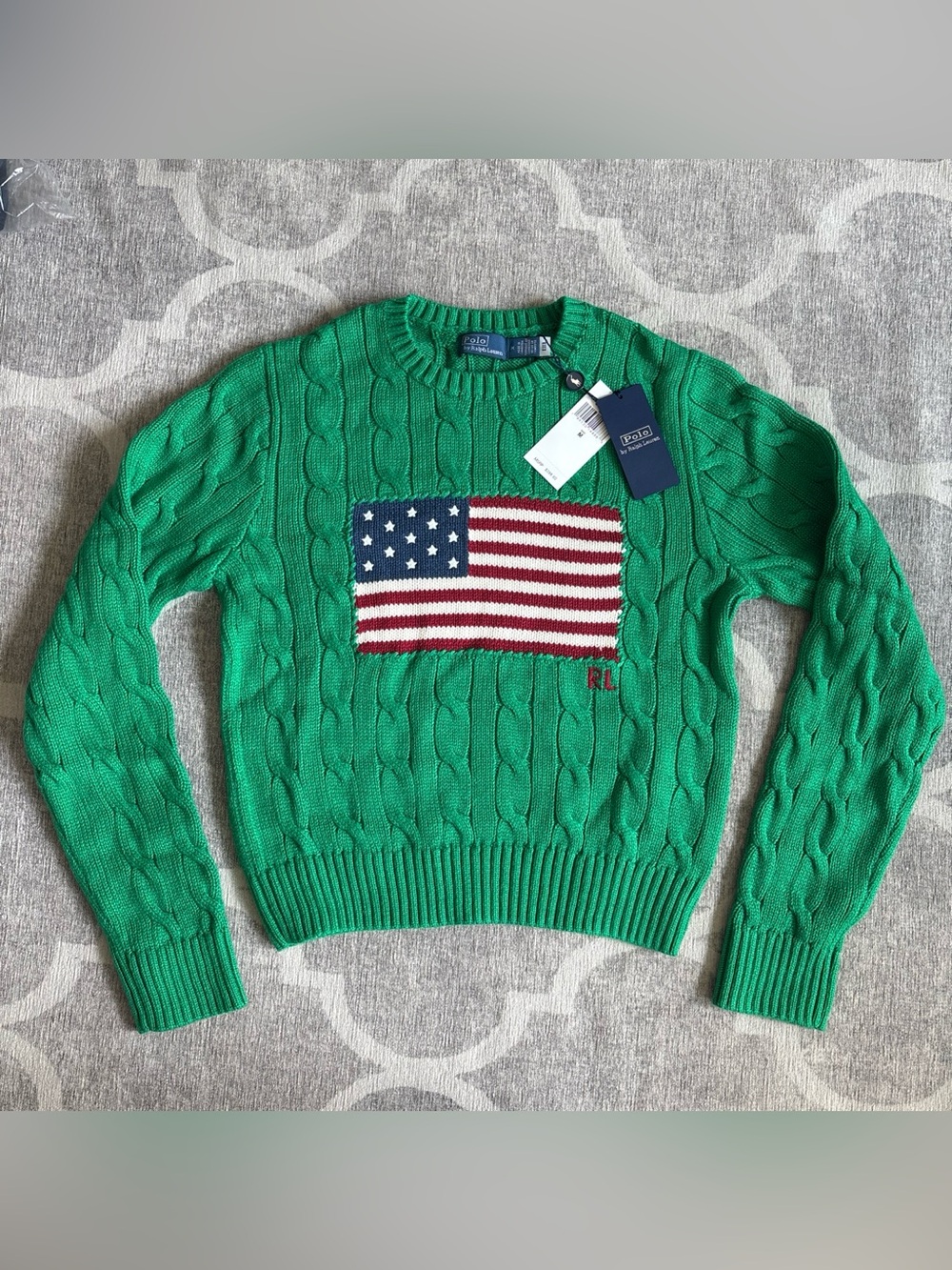 NWT Polo Ralph Lauren Flag Cable Knit Cropped Sweater New